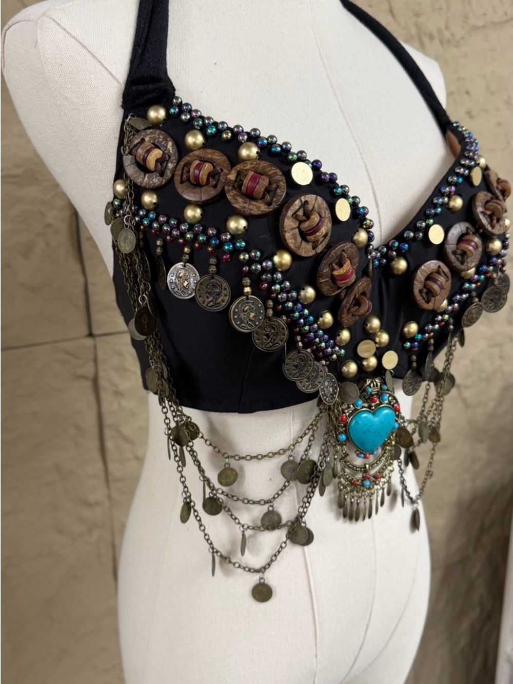 Coachella Beaded Tribal Belly Dance Bra with Turquoise Heart Accent - Black - Picture 3 of 7
